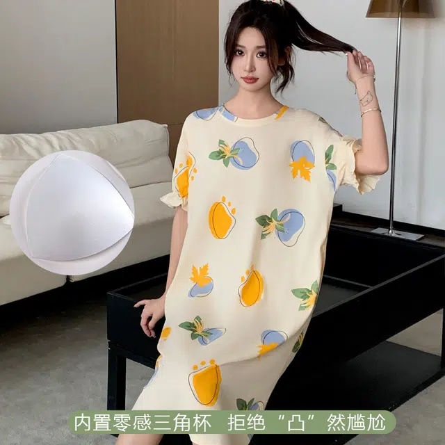 袋鼠 色块印花圆领柔软亲肤带胸垫防凸点短袖睡裙 女款 杏色
