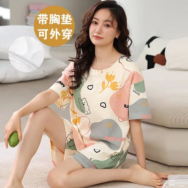 袋鼠 时尚卡通短袖三分短裤透气亲肤舒适可外穿少女小清新睡衣套装 女款 杏色