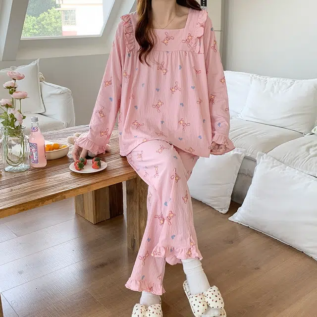 袋鼠 韩版舒适亲肤长袖长裤家居服可外穿甜美睡衣套装 女款 粉红色