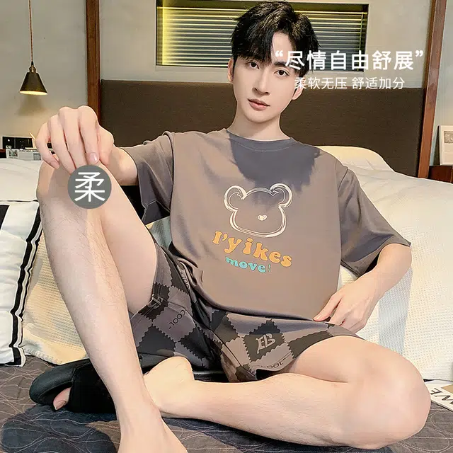 袋鼠 亲肤舒适轻薄耐磨透气柔软短袖休闲可外穿夏季睡衣套装 男款 玫瑰棕色