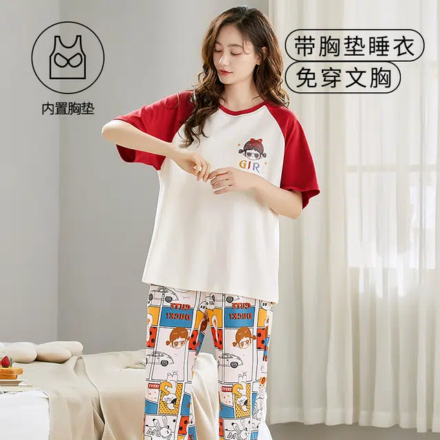 袋鼠 卡通纯色满印简约韩系清新舒适透气轻薄居家休闲短袖七分裤带胸垫防凸点可外穿少女睡衣套装 女款 花色