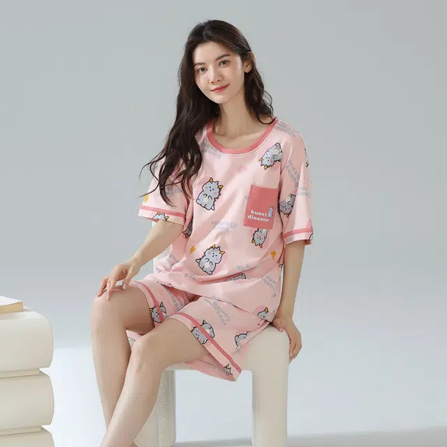 袋鼠 满印透气舒适圆领套头短袖睡衣套装 女款 粉红色