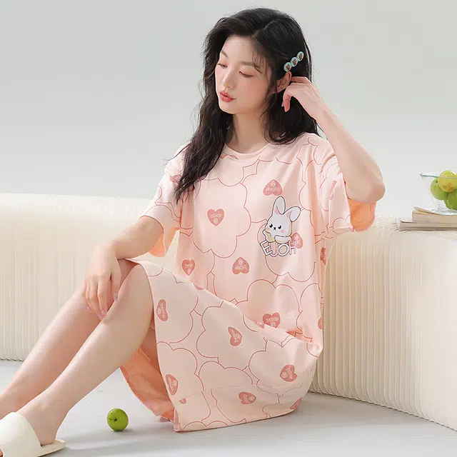 袋鼠 薄款时尚卡通兔满印短袖裙舒适透气亲肤可外穿夏季睡裙 女款 浅粉