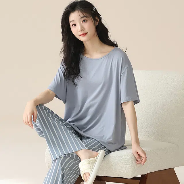 袋鼠 薄款休闲简约少女短袖条纹长裤时尚居家可外穿睡衣套装 女款