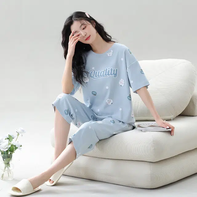 袋鼠 亲肤透气活力甜美休闲短袖七分裤可外穿睡衣套装 女款 浅蓝色