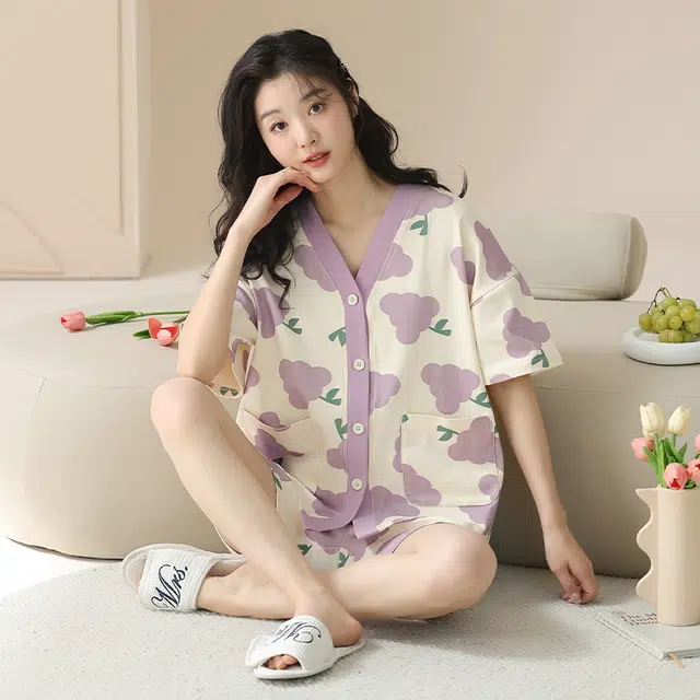 袋鼠 抗菌防螨时尚清爽轻薄亲肤青春活力舒适透气休闲短袖三分裤居家可外穿睡衣套装 女款 图色