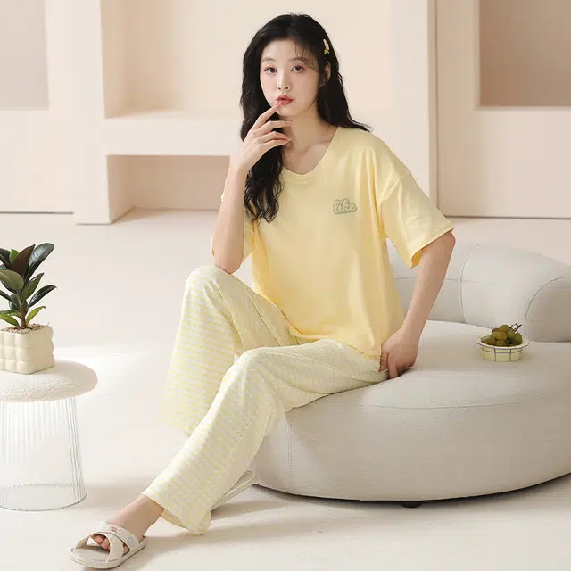袋鼠 抗菌防螨小清新透气甜美柔软舒适圆领带胸垫防凸点短袖不勒腹长裤家居服可外穿睡衣套装 女款 黄色