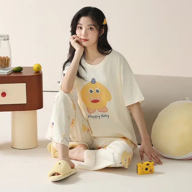 袋鼠 抗菌防螨透气小清新甜美舒适圆领套头短袖长裤家居服可外穿睡衣套装 女款 杏色