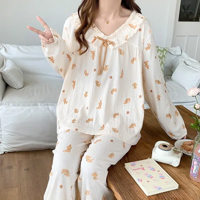 袋鼠 简约韩版舒适亲肤长袖时尚可外穿甜美长裤睡衣套装 女款 白色