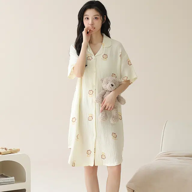 袋鼠 时尚卡通开衫满印短袖舒适透气亲肤可外穿睡裙 女款 杏色