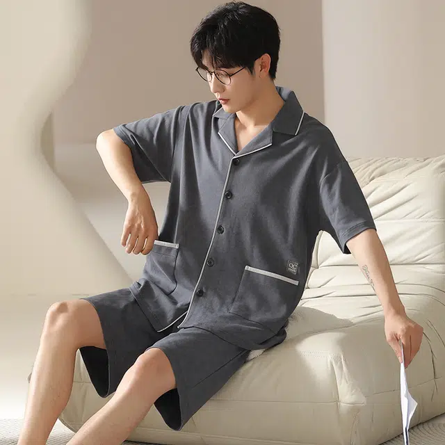 袋鼠 简约透气短袖亲肤凉感松紧腰短裤睡衣套装 男款 深灰色