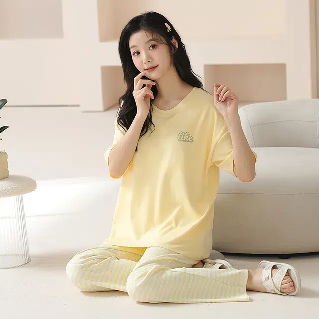 袋鼠 抗菌防螨小清新透气甜美柔软舒适圆领带胸垫防凸点短袖不勒腹长裤家居服可外穿睡衣套装 女款 黄色