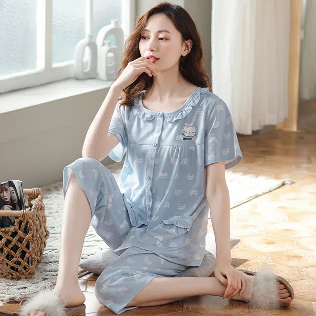 袋鼠 休闲甜美轻薄舒适时尚亲肤经典透气短袖七分裤睡衣套装 女款 天蓝色
