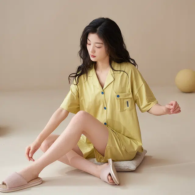 袋鼠 抗菌防螨休闲透气轻薄舒适温柔亲肤柔软微弹翻领开衫三分裤不勒腹居家可外穿睡衣套装 女款 黄色