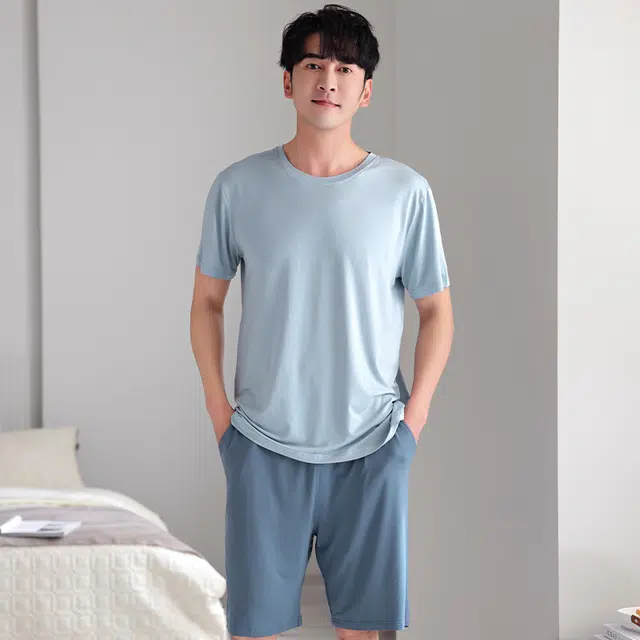 袋鼠 薄款无痕家居服轻盈柔软透气短袖五分裤可居家可外穿睡衣套装 男款 亮钢蓝