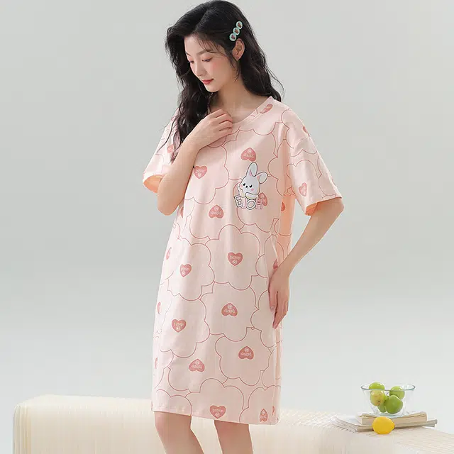 袋鼠 薄款带胸垫防凸点时尚卡通兔满印舒适透气亲肤可外穿短袖睡裙 女款 浅粉