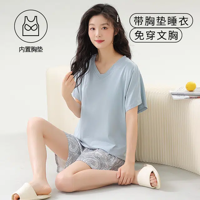 袋鼠 韩系居家休闲轻薄舒适透气亲肤纯色短袖三分短裤带胸垫防凸点可外穿少女睡衣套装 女款 浅蓝色