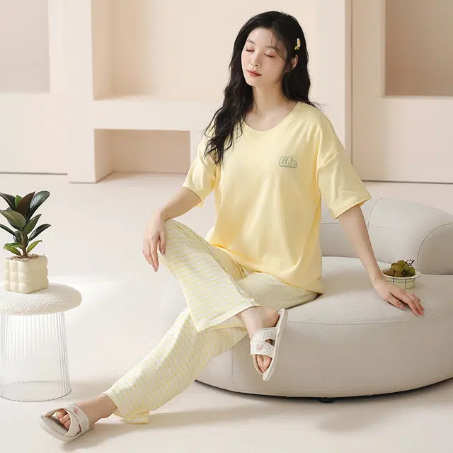 袋鼠 抗菌防螨小清新透气甜美柔软舒适圆领带胸垫防凸点短袖不勒腹长裤家居服可外穿睡衣套装 女款 黄色