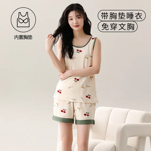 袋鼠 纯色印花时尚卡通满印休闲轻薄舒适背心带胸垫睡衣套装 女款 象牙白