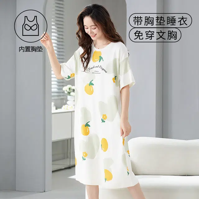袋鼠 韩系印花满印休闲居家舒适透气亲肤短袖带胸垫可外穿睡裙 女款 象牙白