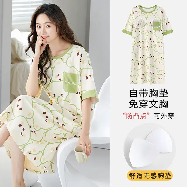 袋鼠 满印印花卡通休闲舒适透气亲肤短袖带胸垫可外穿睡裙 女款 象牙白