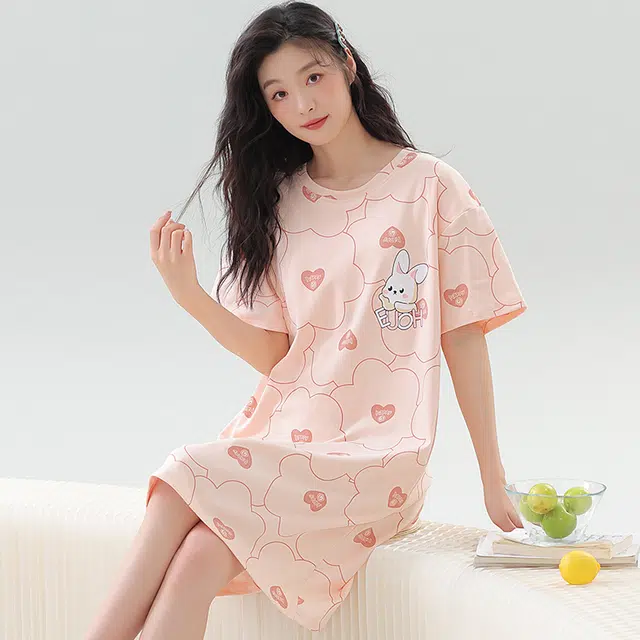 袋鼠 薄款时尚卡通兔满印短袖裙舒适透气亲肤可外穿夏季睡裙 女款 浅粉