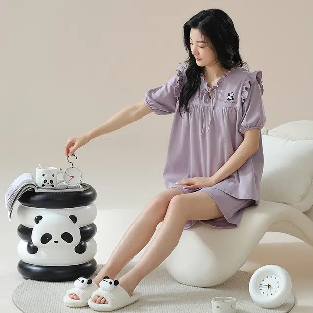袋鼠 简约时尚经典亲肤微弹舒适透气轻薄居家休闲短袖三分裤可外穿睡衣套装 女款 紫罗兰