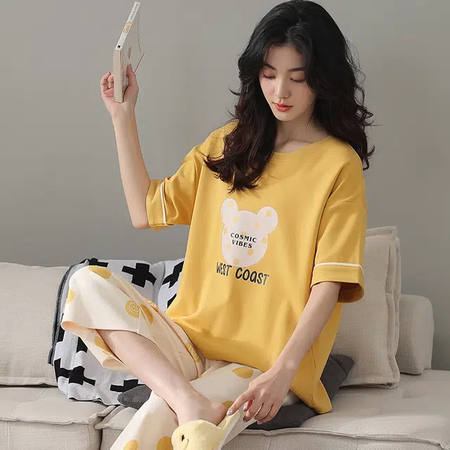 袋鼠 轻薄微弹透气柔软舒适亲肤短袖七分裤居家休闲可外穿睡衣套装 女款 向日葵色