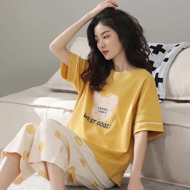 袋鼠 轻薄微弹透气柔软舒适亲肤短袖七分裤居家休闲可外穿睡衣套装 女款 向日葵色