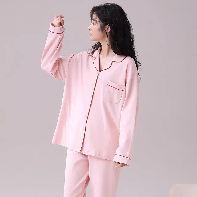 袋鼠 时尚清爽气质休闲透气长袖开衫长裤可外穿睡衣套装 女款 藕色