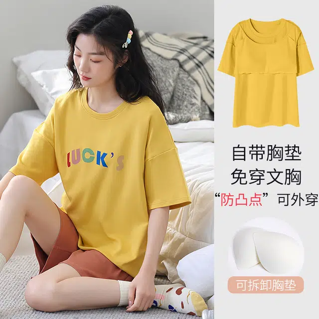 袋鼠 印花纯色小清新韩系简约时尚舒适透气轻薄亲肤短袖三分裤可外穿睡衣套装 女款 金色