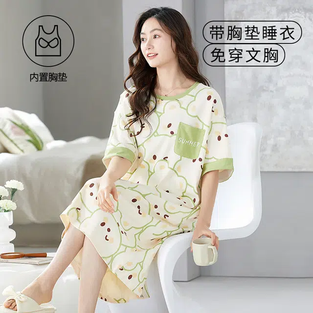 袋鼠 满印印花卡通休闲舒适透气亲肤短袖带胸垫可外穿睡裙 女款 象牙白