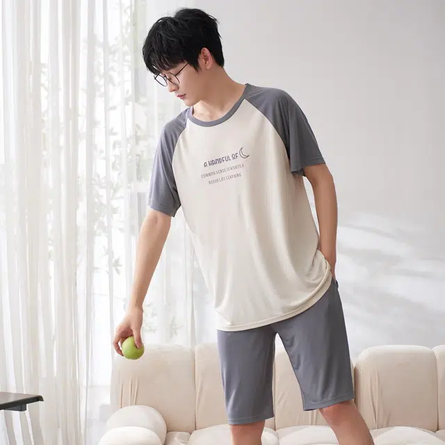 袋鼠 时尚亲肤舒适耐磨柔软圆领短袖可居家可外穿睡衣套装 男款 杏色
