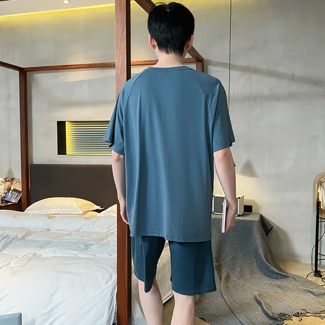 袋鼠 简约亲肤舒适时尚轻薄透气纯色短袖休闲经典可外穿五分裤睡衣套装 男款 藏青色