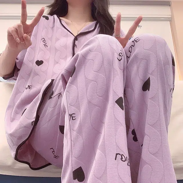 袋鼠 薄款带胸垫防凸点开衫短袖提花素色家居服可甜美可外穿少女长裤睡衣套装 女款 香芋紫
