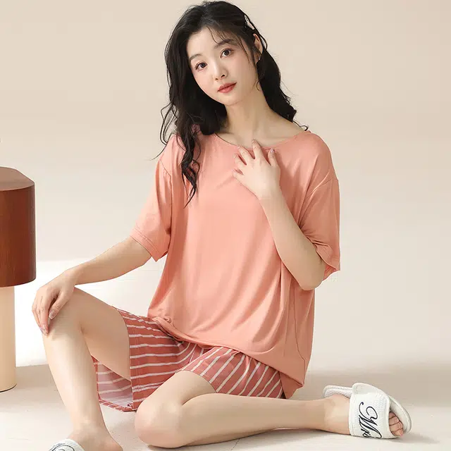 袋鼠 简约短袖条纹透气亲肤可外穿睡衣套装 女款 虾红