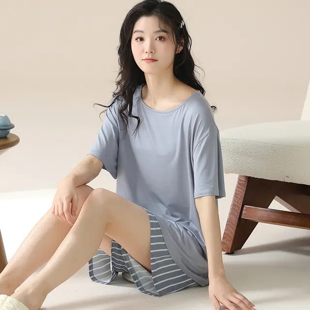 袋鼠 休闲简约短袖条纹可外穿睡衣套装 女款 亮钢蓝