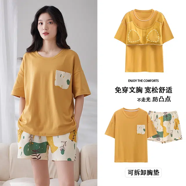袋鼠 韩版舒适小清新凉爽简约时尚亲肤休闲带胸垫防凸点免穿文胸短袖三分裤可居家可外穿睡衣套装 女款 桔红色