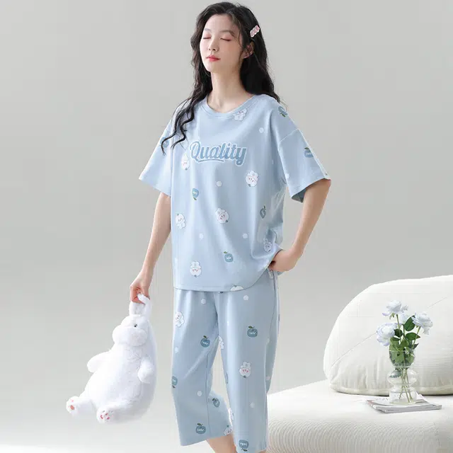袋鼠 亲肤透气活力甜美休闲短袖七分裤可外穿睡衣套装 女款 浅蓝色