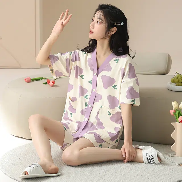 袋鼠 抗菌防螨时尚清爽轻薄亲肤青春活力舒适透气休闲短袖三分裤居家可外穿睡衣套装 女款 图色