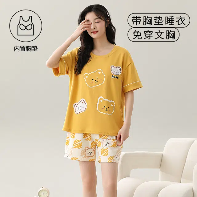 袋鼠 时尚卡通小清新短袖短裤亲肤轻薄透气可外穿少女睡衣套装 女款 土黄色