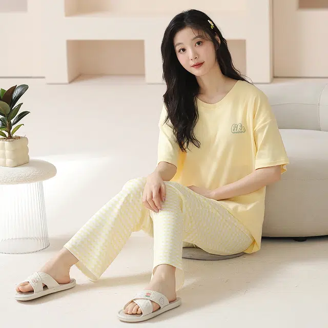 袋鼠 抗菌防螨小清新透气甜美柔软舒适圆领带胸垫防凸点短袖不勒腹长裤家居服可外穿睡衣套装 女款 黄色