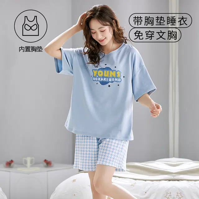 袋鼠 经典简约时尚印花宽松韩系舒适透气轻薄居家休闲短袖短裤带胸垫防凸点可外穿睡衣套装 女款 浅蓝色
