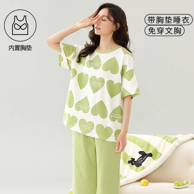 袋鼠 简约印花纯色韩系清新舒适透气轻薄居家休闲短袖七分裤睡衣套装 女款 抹茶色