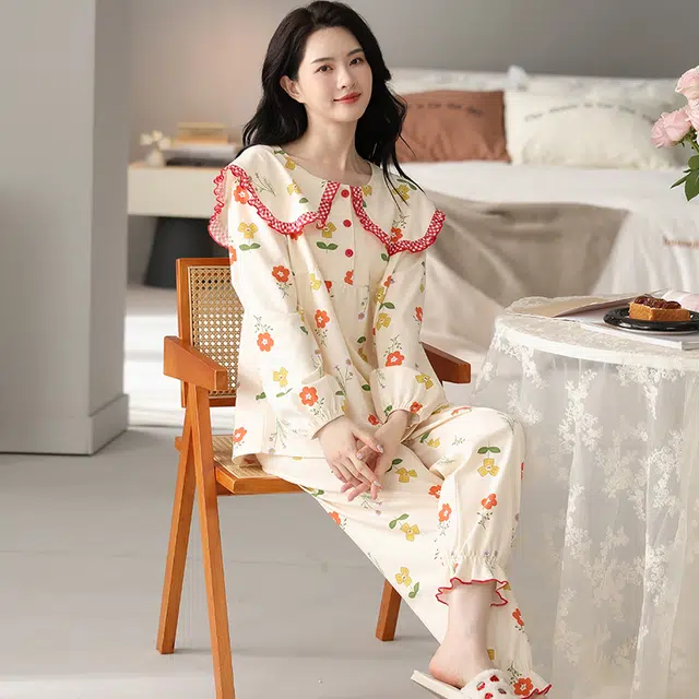 袋鼠 韩版甜美舒适亲肤透气柔软圆领套头长袖长裤家居服可外穿睡衣套装 女款 白色