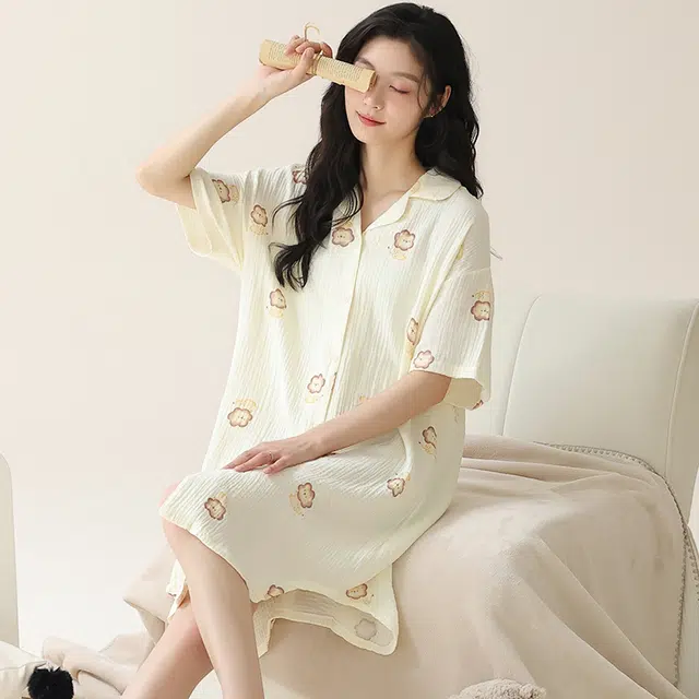 袋鼠 时尚卡通开衫满印短袖舒适透气亲肤可外穿睡裙 女款 杏色