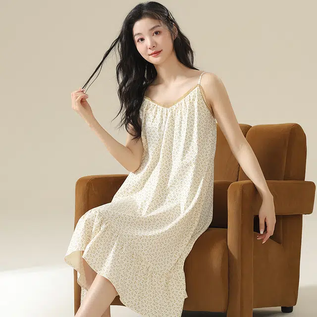 袋鼠 薄款清新甜美亲肤透气可外穿无袖睡裙 女款 杏色