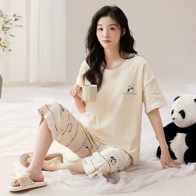 袋鼠 薄款舒适带胸垫防凸点短袖七分裤家居服韩版简约休闲可外穿睡衣套装 女款 杏色