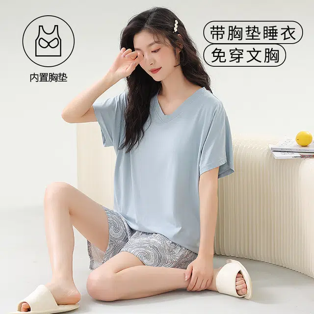 袋鼠 韩系居家休闲轻薄舒适透气亲肤纯色短袖三分短裤带胸垫防凸点可外穿少女睡衣套装 女款 浅蓝色