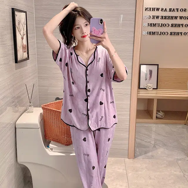 袋鼠 薄款带胸垫防凸点开衫短袖提花素色家居服可甜美可外穿少女长裤睡衣套装 女款 香芋紫